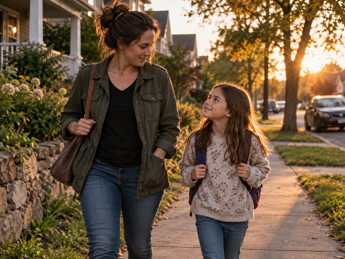 Parent and child walking together in their neighborhood